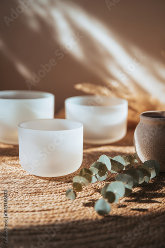 Crystal Singing Bowls with Dried Eucalyptus in Soft Sunlight