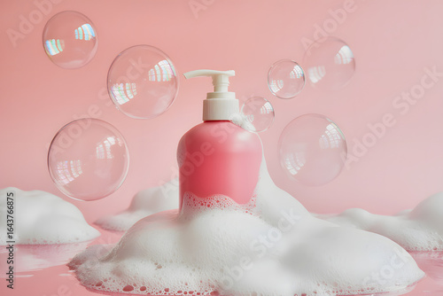 Pink Soap Bottle with White Foam and Floating Bubbles on Soft Pink Background