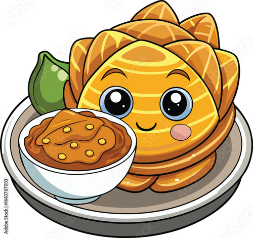 Kawaii Vector Malaysian Roti Canai with Curry Dip and Happy Eyes
