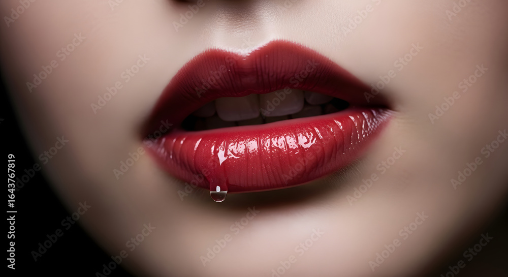 Fototapeta premium Seductive Vampire Close-Up with Red Lips and Hyperreal Skin Detail