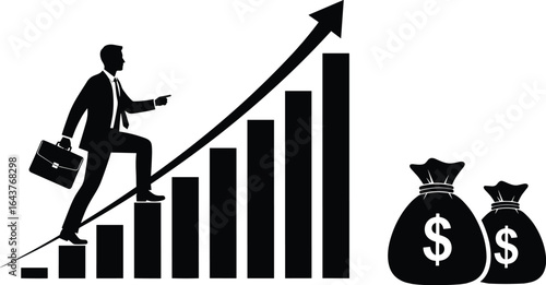 Businessman silhouette climbing bar graph, financial growth concept, career progress, success strategy, money bags, upward arrow, corporate ambition vector illustration
