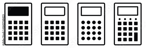 Flat design calculator pictograms, Collection of calculator illustrations, Line art calculator icons, Flat design calculator icon set for finance, accounting, and school projects. Vector illustration