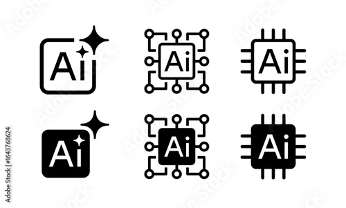 Artificial intelligence AI processor chip black line icon set. AI Processor circuit symbol logo. Mini AI CPU icon collection. Vector Illustration