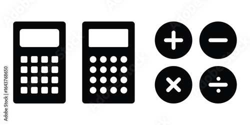 Calculator icon set, Simple calculator icon collection, Vector set of calculators and arithmetic sign icons for apps and websites. Digital calculator symbols with plus, minus, multiply, divide buttons
