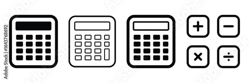 Calculator icon set, Simple calculator icon collection, Vector set of calculators and arithmetic sign icons for apps and websites. Digital calculator symbols with plus, minus, multiply, divide buttons