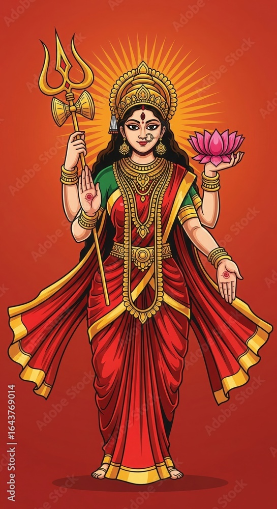 Fototapeta premium Maa Durga HD Mobile Wallpaper – Bold Vector Illustration with Trishul, Lotus, Orange Background, Navratri Design