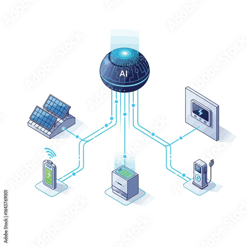 A schematic diagram illustrating an AI-powered smart home system connecting various energy-efficient technologies.