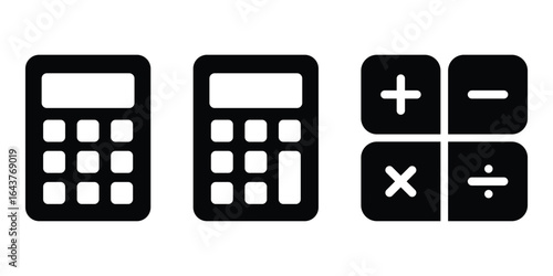 Calculator icon set, Simple calculator icon collection, Vector set of calculators and arithmetic sign icons for apps and websites. Digital calculator symbols with plus, minus, multiply, divide buttons