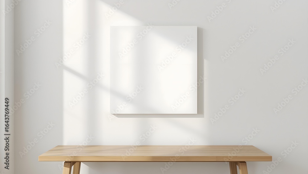 Fototapeta premium Blank canvas on a wooden table with soft sunlight shadows