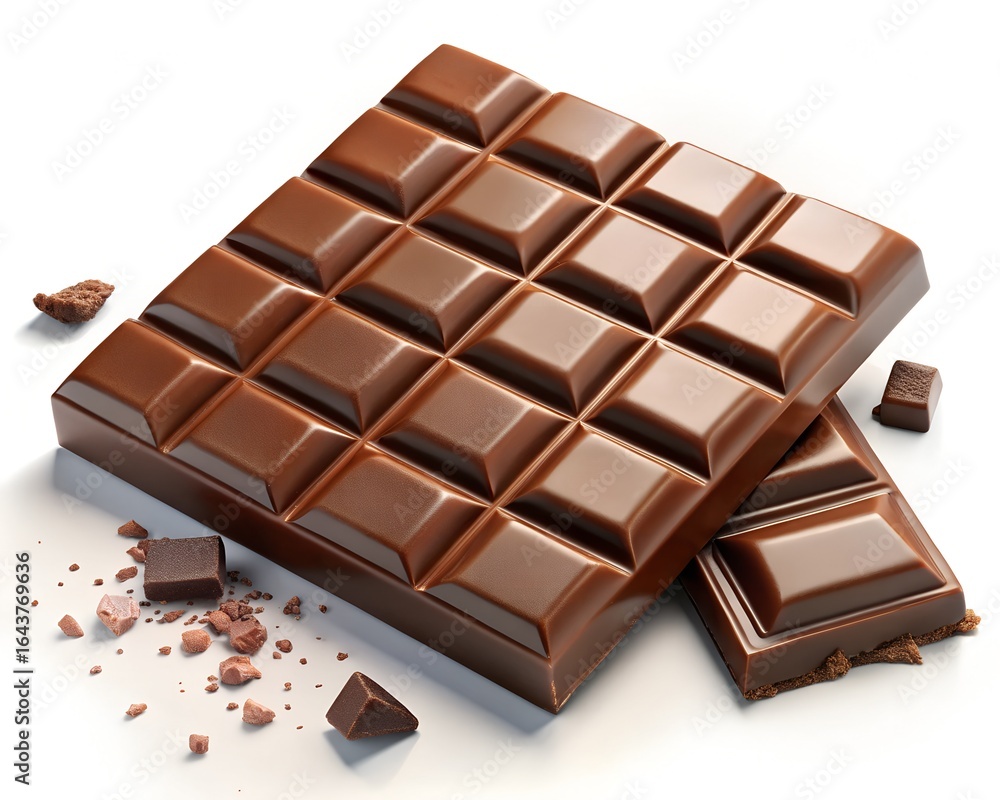 Fototapeta premium A segmented bar of rich milk chocolate with a broken piece and crumbs, isolated on a white background