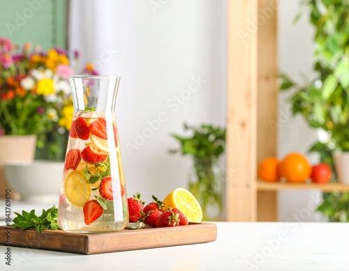 infused water in a glass carafe on a wooden cutting board.