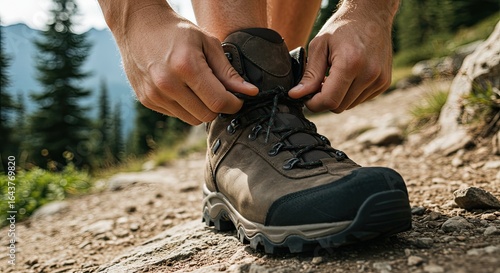 Lacing Up for Adventure: Hiker Securing Boot on a Mountain Trail