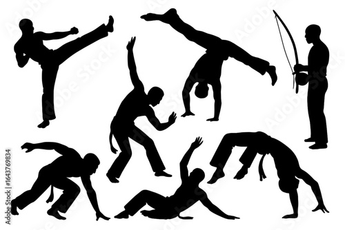 Silhouettes of capoeira practitioners in various poses including kicks and handstands in black and white on transparent background