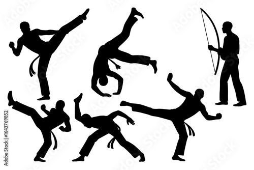 Silhouettes depicting capoeira martial arts moves and berimbau player in various action poses shown here on transparent background