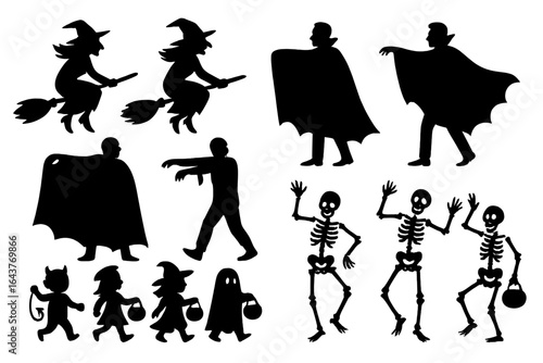 Silhouettes of witches vampires zombies skeletons and children trick or treating on halloween night scene on transparent background