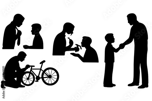 Silhouette depictions of a parent interacting with a child in various scenarios and activities shown on transparent background
