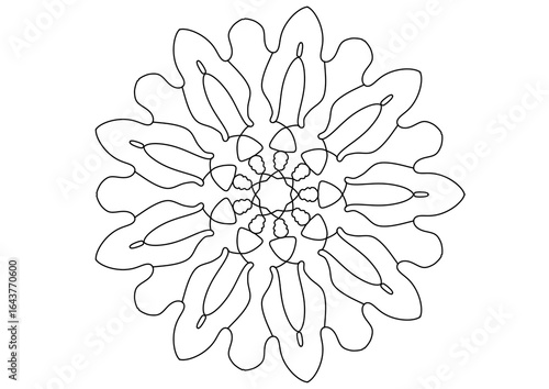 A detailed hand-drawn mandala featuring floral and leaf patterns with peace symbols. Black and white boho-style line art, perfect for coloring pages, tattoos, meditation designs, or decorative prints.