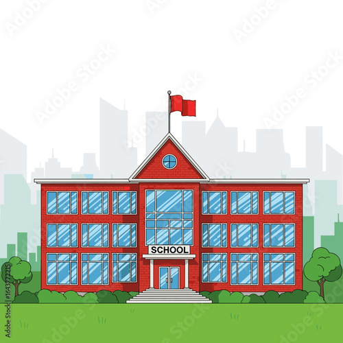 Exterior view of a classic red brick school building with large windows and a red flag flying high against a city skyline backdrop
