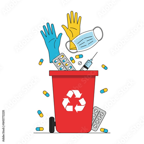Proper disposal of medical waste including gloves masks syringes and pills in a red recycle bin