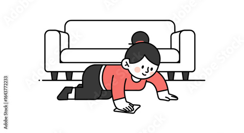 Woman on her knees cleaning the floor with a cloth in front of a white couch in a minimalist style