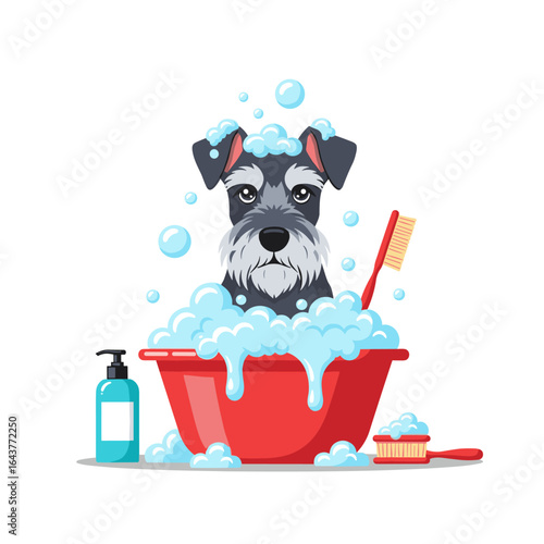 Adorable miniature schnauzer enjoying a relaxing bubble bath with grooming supplies for a clean and happy pet