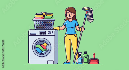 Woman standing next to a washing machine with a basket of laundry and cleaning supplies in a green room