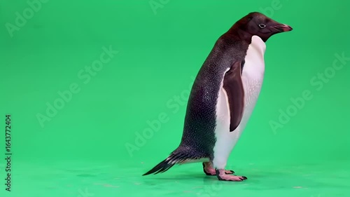 Full Body Shot of a Standing Penguin Isolated on a Bright Green Screen Background, Ideal for Digital Compositing and Cutout Projects