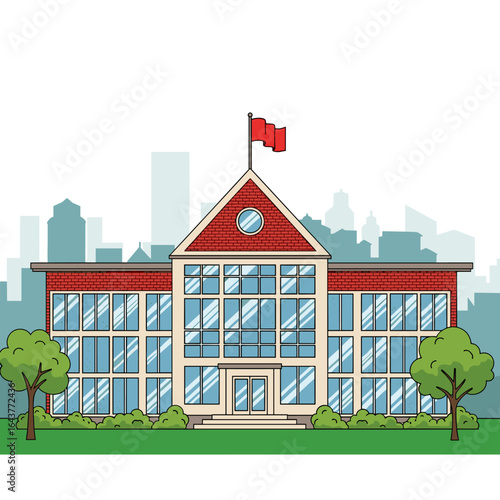 A large brick school building with large windows and a red roof stands on a green lawn with trees and bushes in front of a cityscape background