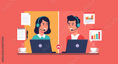 Illustration of a virtual meeting with two people using laptops and headsets for a video conference call