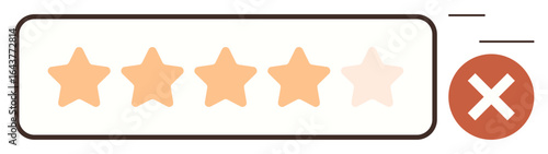 Four orange stars with one dimmed, next to a bold red cross in a rectangle. Ideal for feedback, rating systems, evaluation, dissatisfaction, quality control, customer reviews, simple flat metaphor
