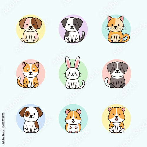 Adorable cartoon pets collection featuring dogs cats rabbits and hamsters in cute poses