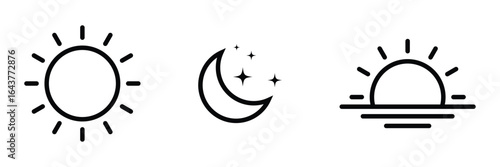Outline sun moon and sunset icons set, Line art sun moon horizon symbols, flat outline time of day icon collection, simple outline weather icons for day, night, and evening time cycle concepts.