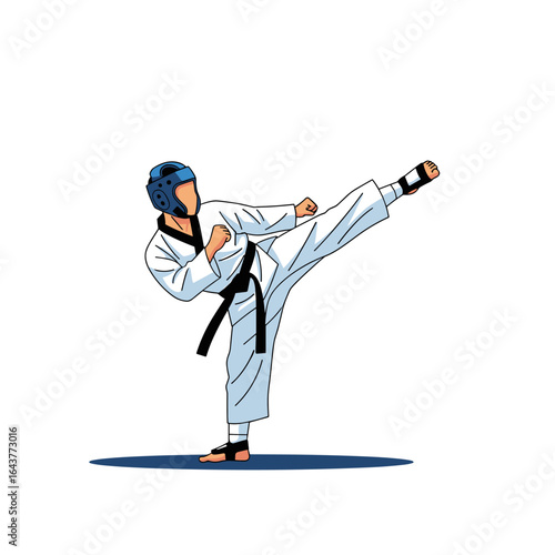 Martial arts athlete demonstrates powerful side kick during combat sports training session practicing defensive maneuvers