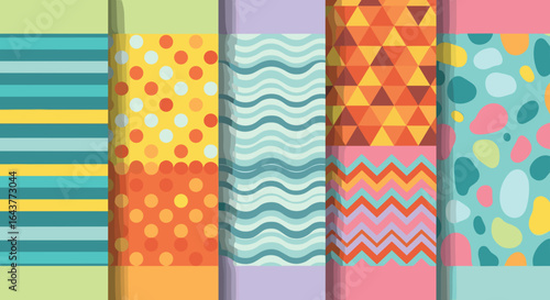 Illustration of five patterned vertical panels with stripes dots waves triangles and abstract shapes design