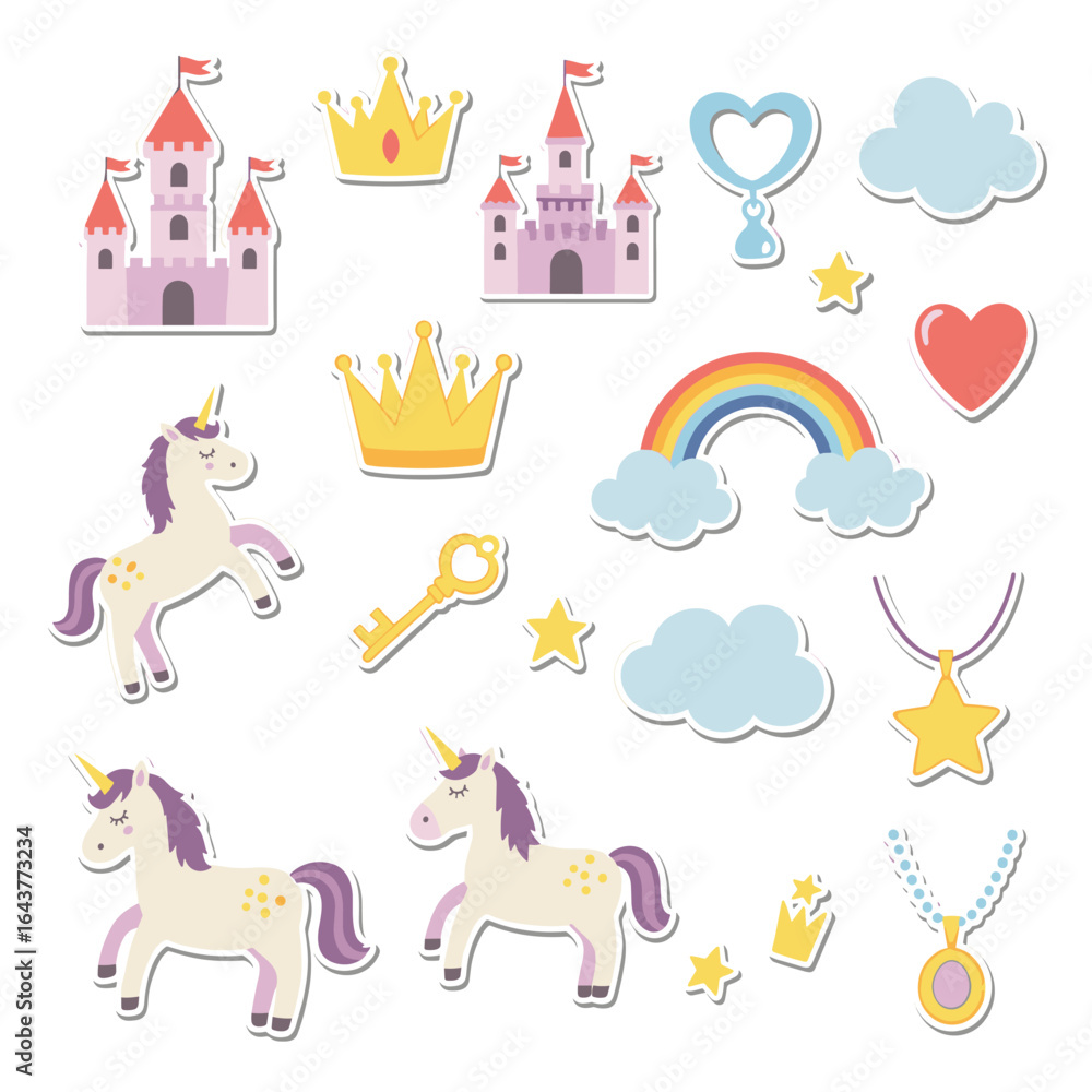 Fototapeta premium Magical unicorns and royal castles featuring enchanting crowns and rainbows for a fairytale adventure
