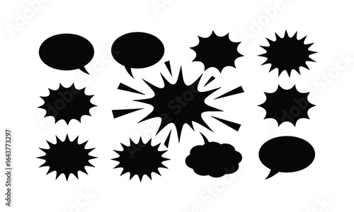 Modern vector illustration collection of black silhouette comic speech bubbles, action bursts, including jagged starbursts, cloud puffs, sharp angular rays, and spiky dialogue frames, easily editable.