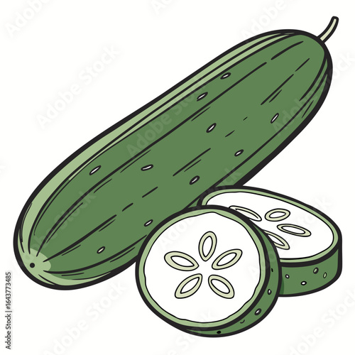 Stylized illustration of a whole cucumber and two sliced cucumber rounds