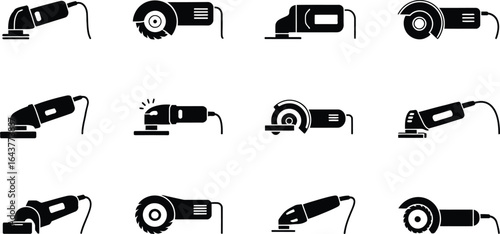 Angle grinder power tool icon collection with a distinctive silhouette style