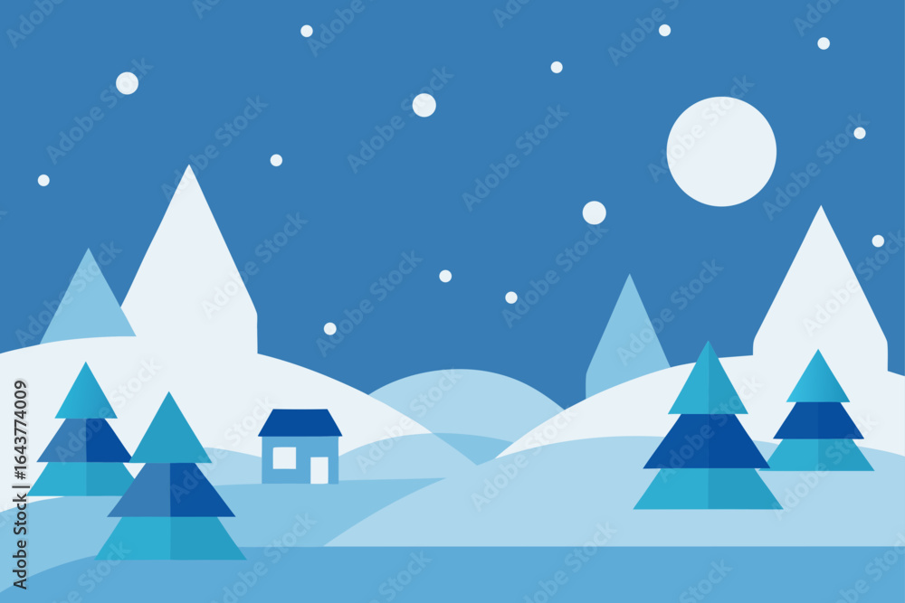 Obraz premium Minimalist winter landscape with snow falling on trees and mountains