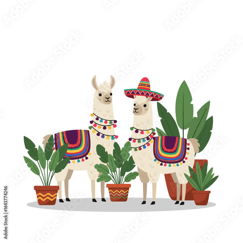 Two adorable llamas dressed in colorful festive outfits surrounded by lush green plants