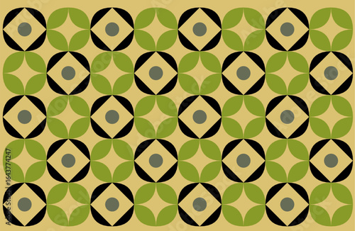 An Indonesian ethnic batik style with geometric patterns in a chic green, black, and beige color scheme. Floral background design art with flower design 