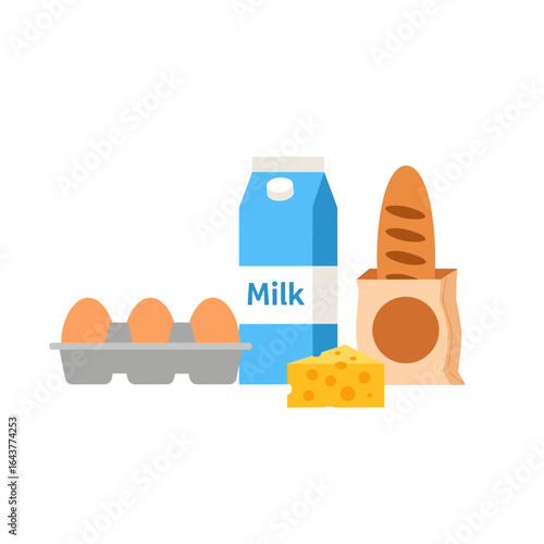 Fresh grocery items eggs milk bread and cheese for healthy eating and nourishment