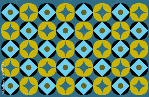 seamless pattern with yellow flowers. An ethnic Indonesian batik style with a repeating geometric pattern in a gold, blue, and black color scheme. Floral background design art 