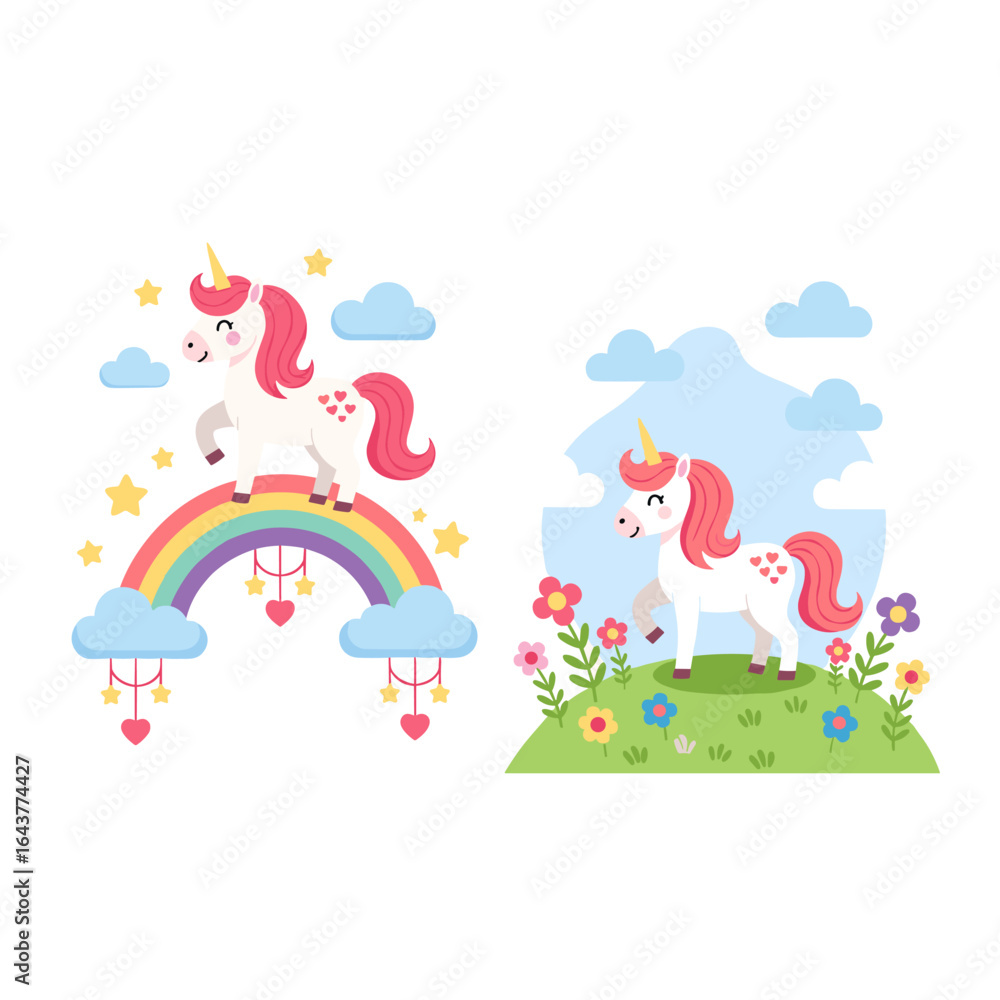 Fototapeta premium Whimsical unicorns frolicking in magical landscapes featuring rainbows and flowers for enchanting fantasy adventures