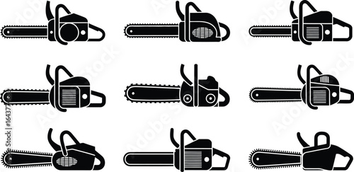 Comprehensive collection of chainsaw icons in a distinctive silhouette style