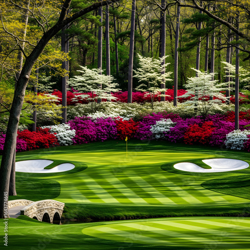 A breathtaking view of a world-famous golf hole, featuring a perfectly manicured green, pristine sand traps, a charming stone bridge, and a stunning backdrop of colorful azaleas and tall pines