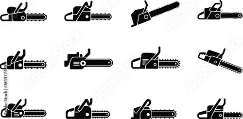 Collection of chainsaw and wood cutting tool icons in silhouette style