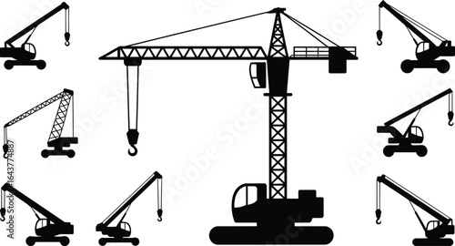 Construction crane digger excavator and bulldozer machine icons silhouette