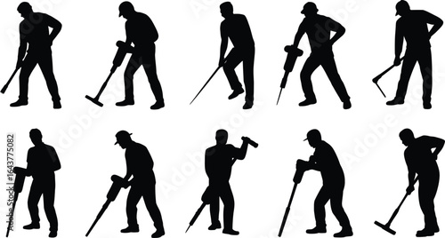 Construction workers operating jackhammers and shovels silhouette