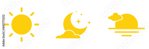 Rising sun and moon icon, moon and stars, day and night time symbols. Vector illustration. EPS 10